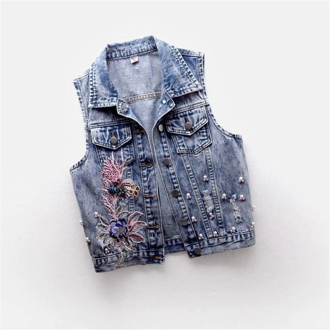 Women's Floral Embroidered Cropped Denim Vest Patch Beaded Sleeveless Jacket Top