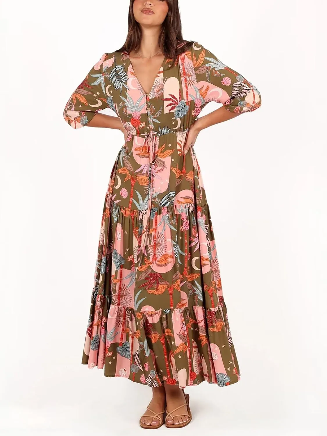 Women's Floral Print Maxi Long Dresses Deep V Neck Summer Beach Dress Half Sleeve A Line Flowy Dresses
