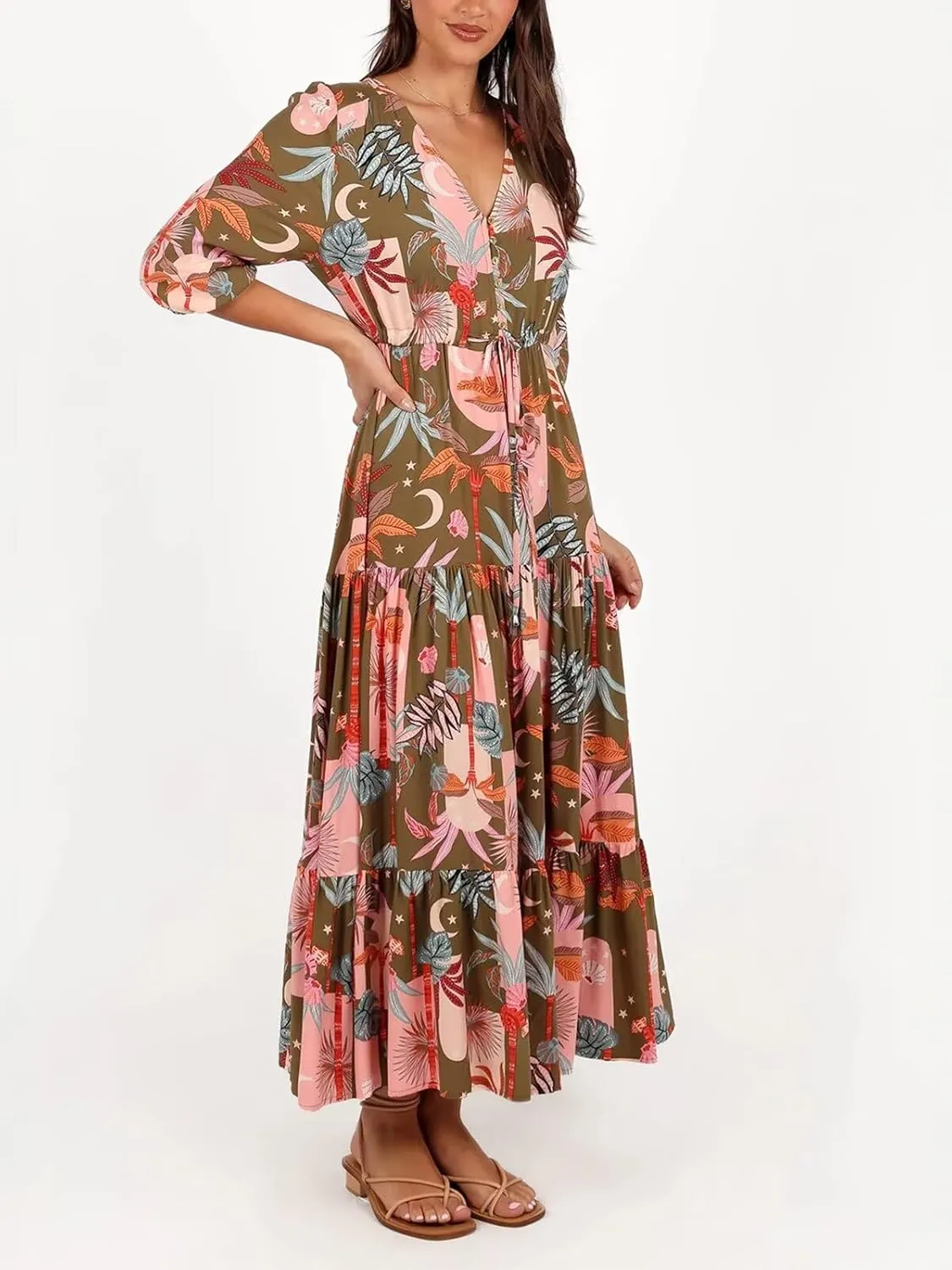 Women's Floral Print Maxi Long Dresses Deep V Neck Summer Beach Dress Half Sleeve A Line Flowy Dresses