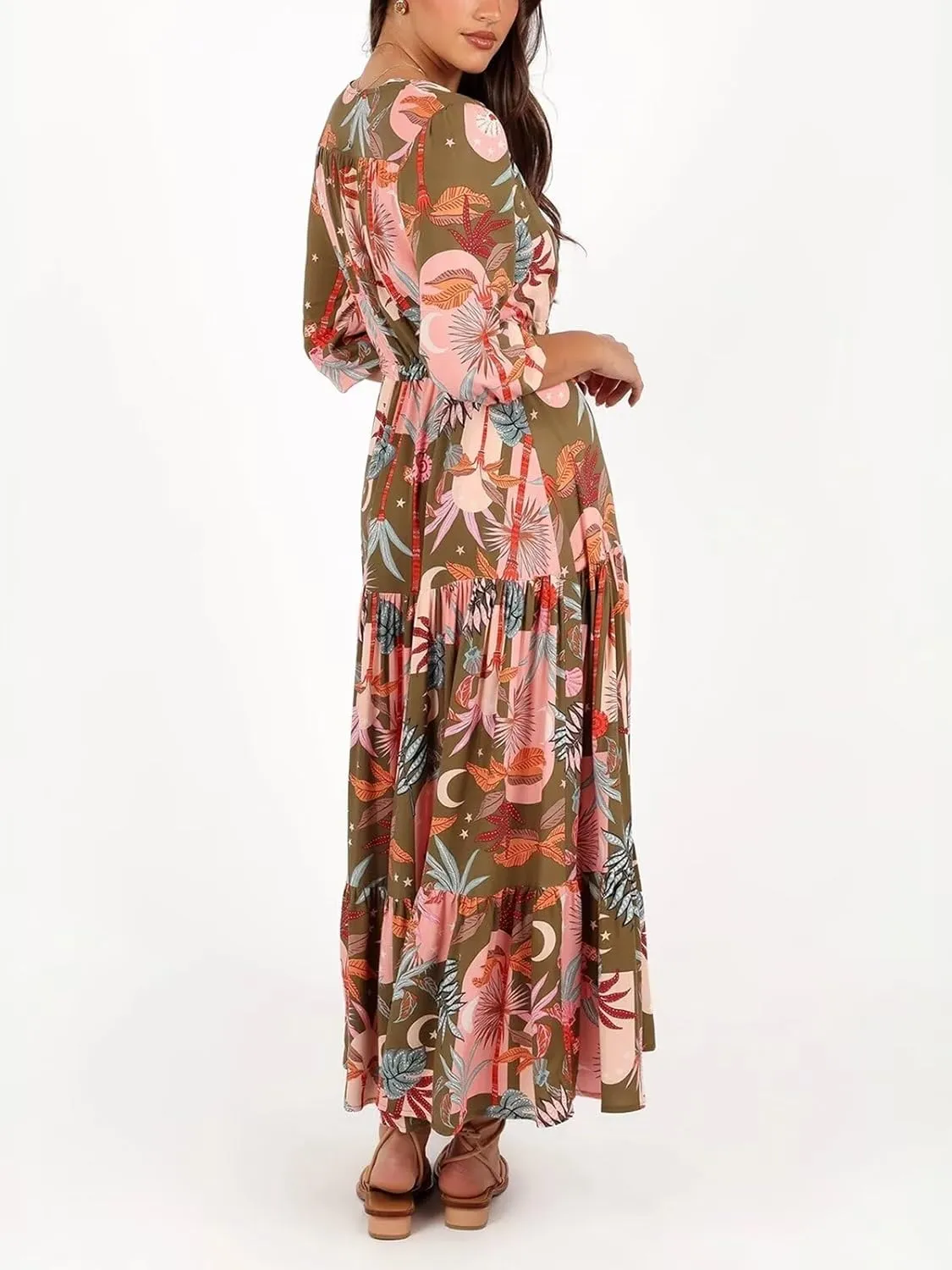 Women's Floral Print Maxi Long Dresses Deep V Neck Summer Beach Dress Half Sleeve A Line Flowy Dresses
