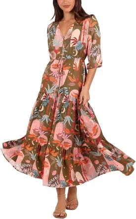 Women's Floral Print Maxi Long Dresses Deep V Neck Summer Beach Dress Half Sleeve A Line Flowy Dresses