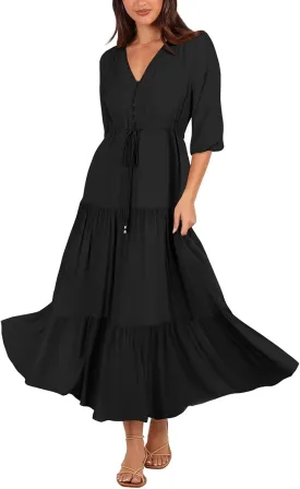 Women's Floral Print Maxi Long Dresses Deep V Neck Summer Beach Dress Half Sleeve A Line Flowy Dresses