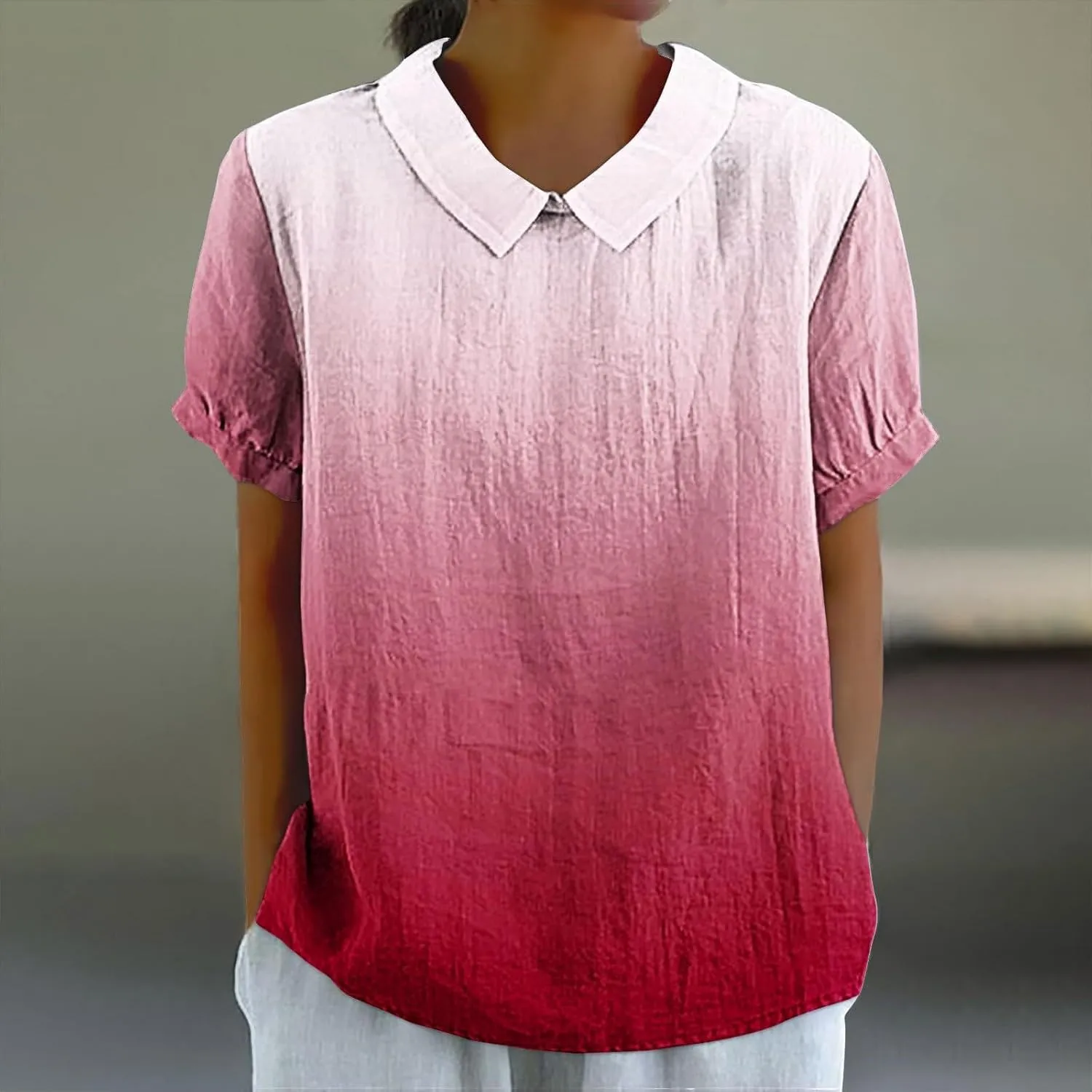 Women's Linen Summer Tops Short Sleeve Boho Shirts Graphic Tees Loose Gauze Blouses Collar Neck Casual Tunic Tshirts