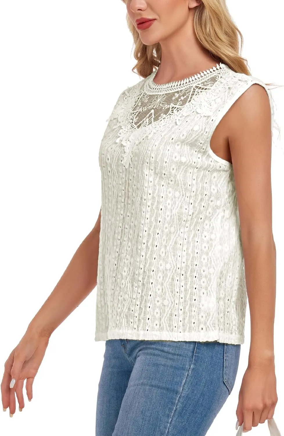 Women's Sleeveless Back Key Hole Tunic Tank Tops Casual Lace Shirt Blouses