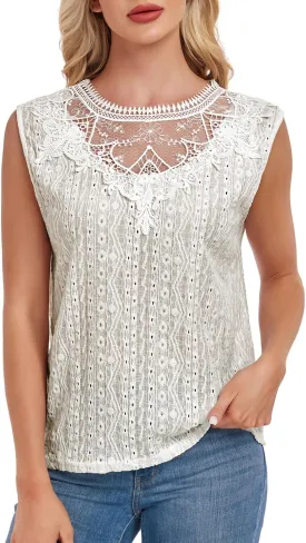 Women's Sleeveless Back Key Hole Tunic Tank Tops Casual Lace Shirt Blouses