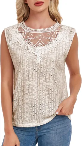 Women's Sleeveless Back Key Hole Tunic Tank Tops Casual Lace Shirt Blouses