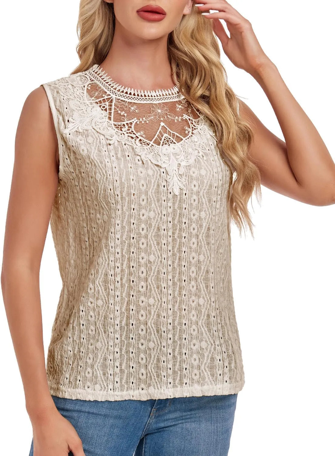 Women's Sleeveless Back Key Hole Tunic Tank Tops Casual Lace Shirt Blouses