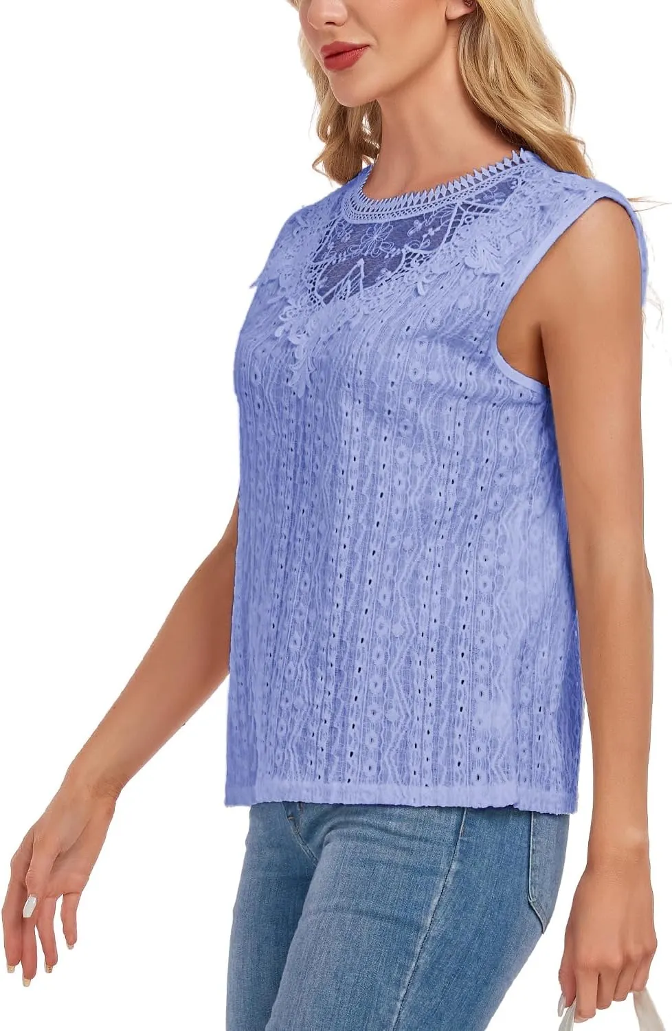 Women's Sleeveless Back Key Hole Tunic Tank Tops Casual Lace Shirt Blouses