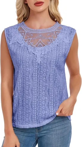 Women's Sleeveless Back Key Hole Tunic Tank Tops Casual Lace Shirt Blouses