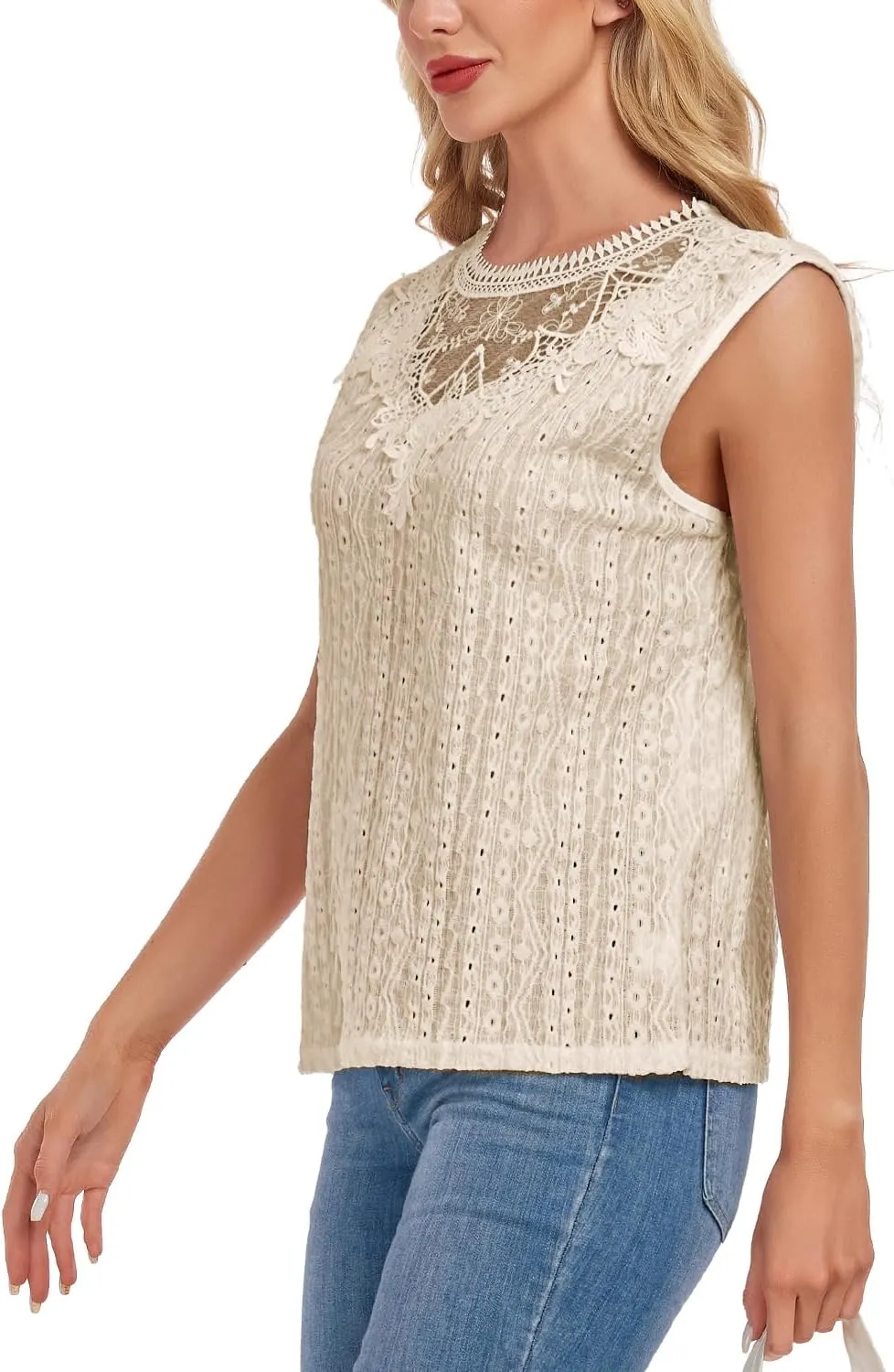 Women's Sleeveless Back Key Hole Tunic Tank Tops Casual Lace Shirt Blouses