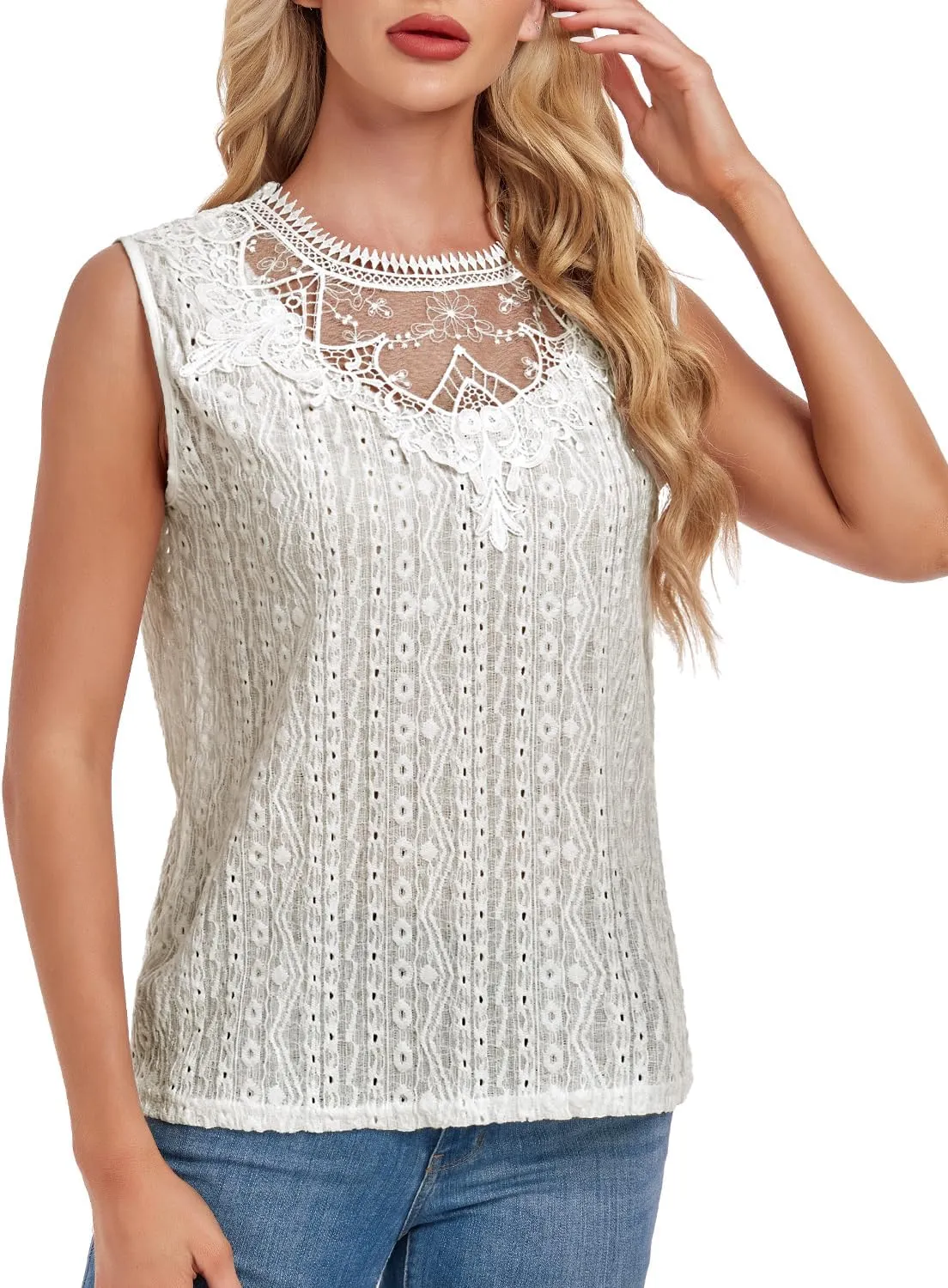Women's Sleeveless Back Key Hole Tunic Tank Tops Casual Lace Shirt Blouses
