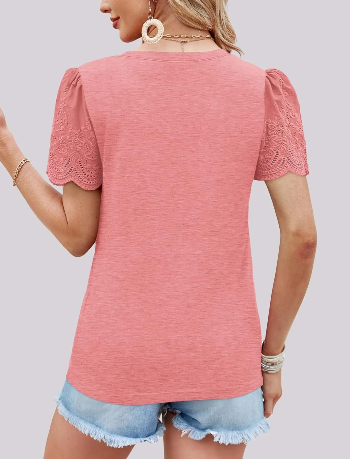 XIEERDUO Lace Puff Sleeve Tops for Women 2024 V Neck Shirts Womens Shirts Dressy Casual Loose Tops Summer Tee Shirt